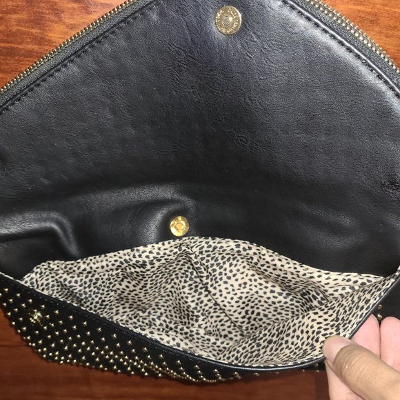 JustFab Black & Gold Studded PU Vegan Leather Clutch Fold Over Biker Punk Goth - Picture 5 of 12